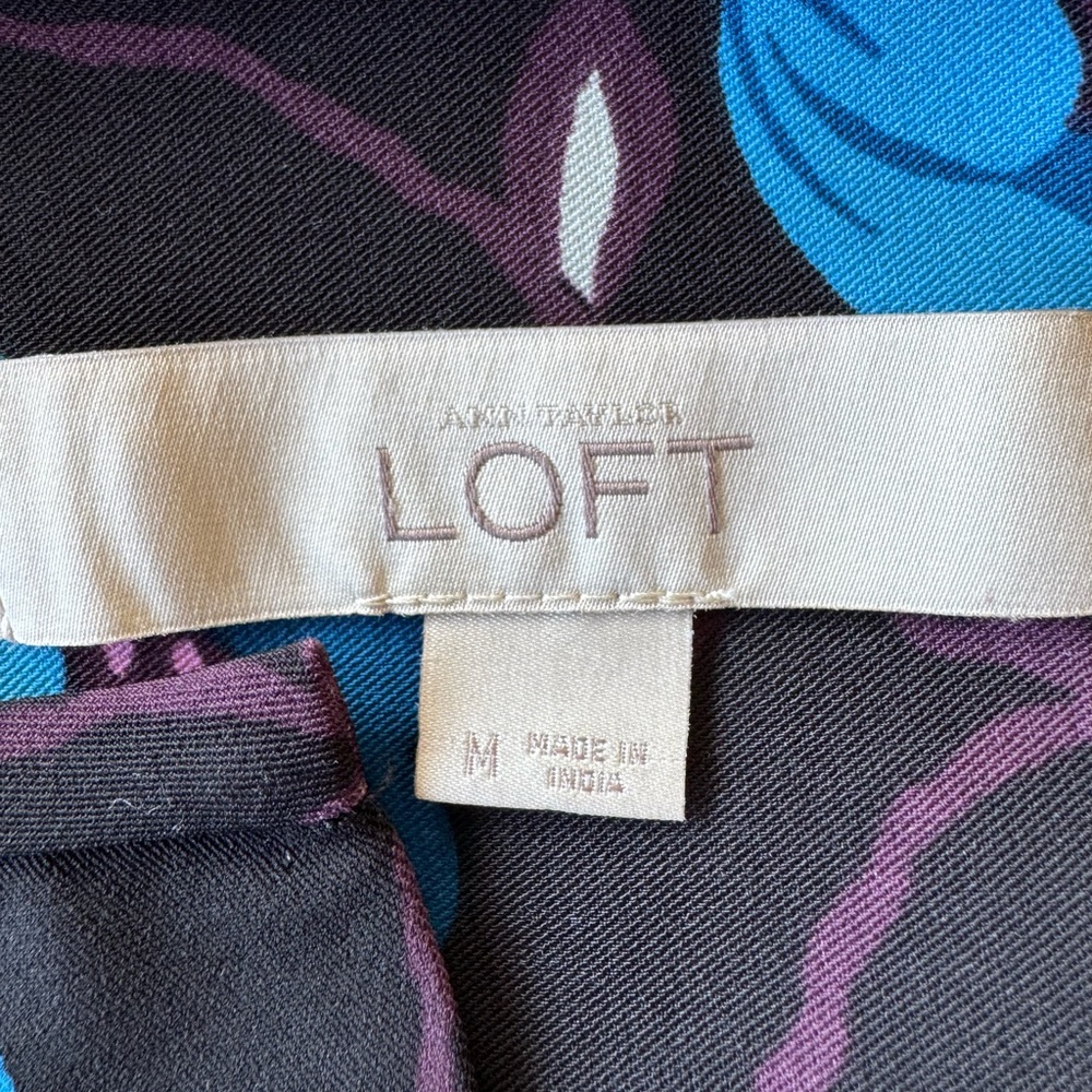 LOFT dress black blue floral sash medium long sleeve - Picture 11 of 11